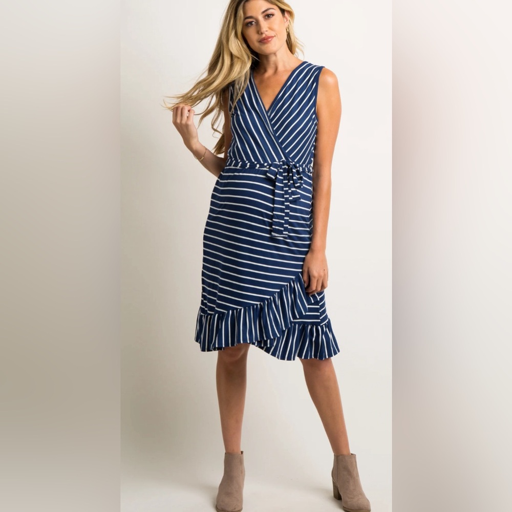 PinkBlush | Navy Striped Ruffle Hem Waist Tie Maternity Wrap Dress (L)